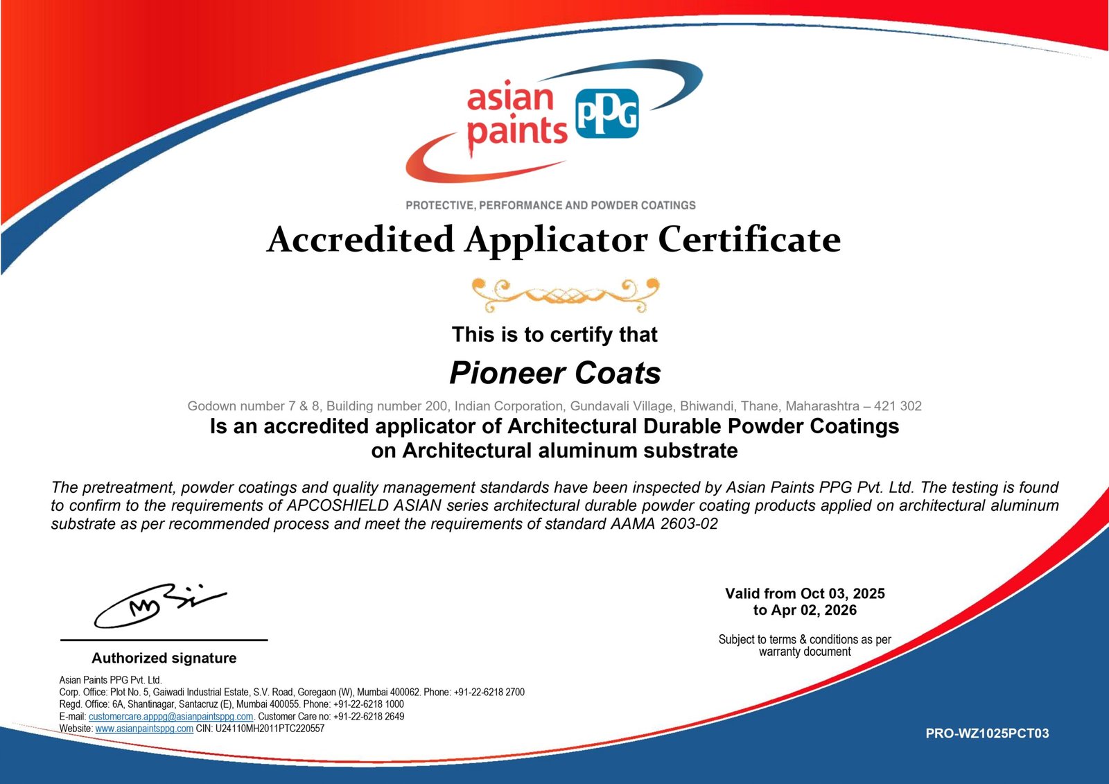 Applicator Authorization Certificate WZ1025PCT03